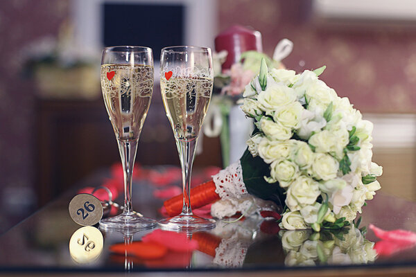 Champagne and wedding bouquet