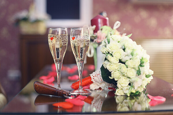 Champagne and wedding bouquet