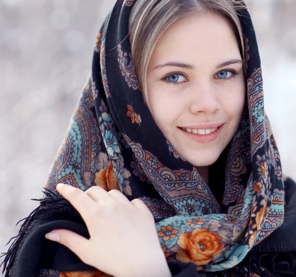 Blond woman with traditional shawl — Stock Photo, Image