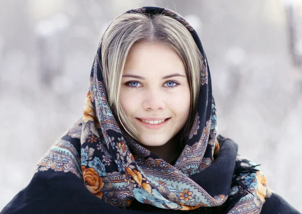 Blond woman with traditional shawl — Stock Photo, Image