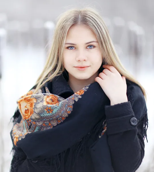 Blond woman with traditional shawl — Stock Photo, Image