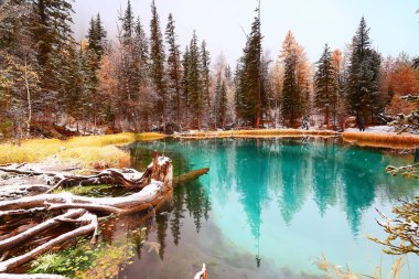 Gayzer mavisi Altai gölü kış manzarası, dağ gölü termal bahar