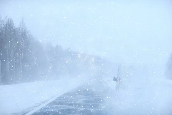 Téli Autópálya Hóesés Háttér Köd Rossz Láthatóság — Stock Fotó