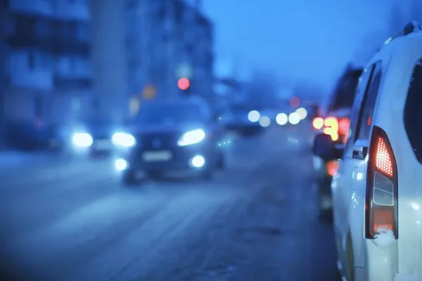 Χιονόπτωση City Traffic Jam Χειμώνα Background Εποχιακή Εθνική Οδό Χιονιού — Φωτογραφία Αρχείου