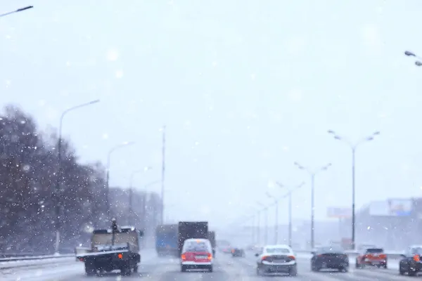 Nevicate Città Ingorgo Traffico Inverno Sfondo Strada Statale Neve Stagionale — Foto Stock