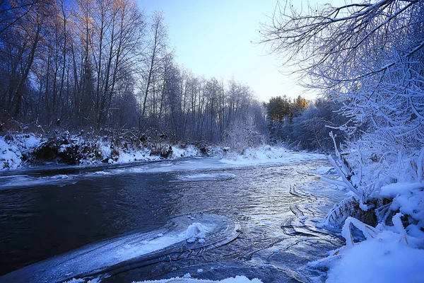 Paysage Rivière Hiver Vue Saisonnière Eau Neige Forêt — Photo