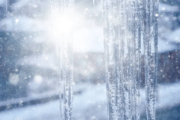 Icicles Roof Urban Background View Winter City — Stock Photo, Image