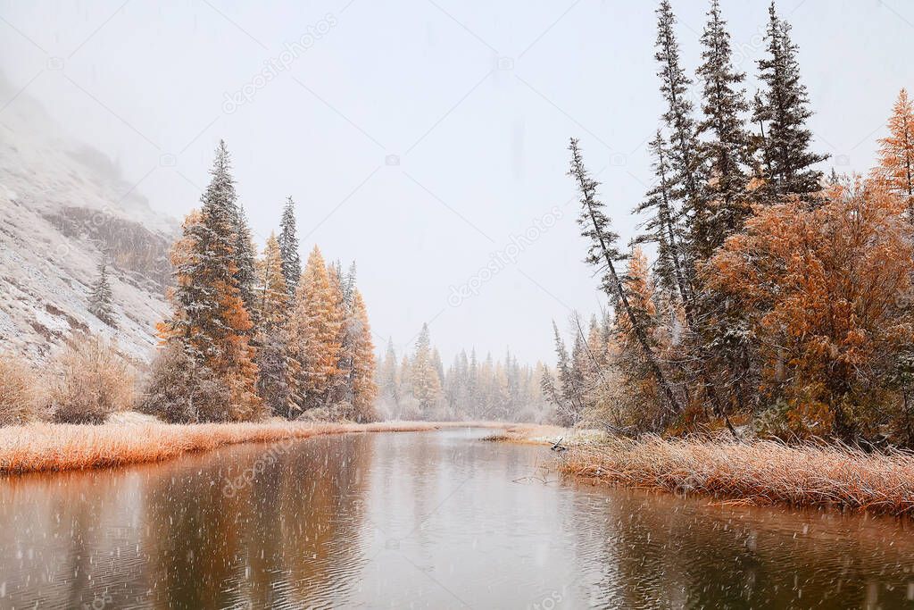 river and mountains snow seasonal, landscape background, panorama view