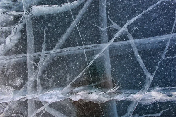 Textura Gelo Rachaduras Baikal Fundo Abstrato Inverno Gelo Transparente Azul — Fotografia de Stock