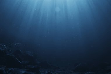 Suyun altında güneş ışınları mavi okyanus arka planı, su duvar kağıdındaki soyut güneş ışığı