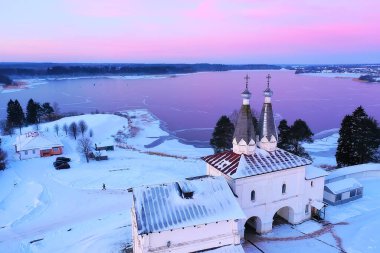 ferapontovo kış manastırı manzarası, üst görünüm noel dini mimari arka plan