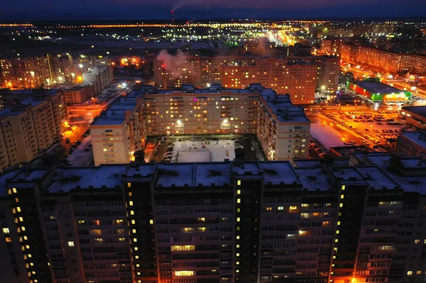 Night City Top View Winter Architecture Top Roof Facade Lights — Stock Photo, Image