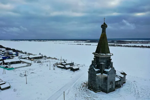 Träkyrka Vinter Ovanifrån Landskap Rysk Norra Arkitektur — Stockfoto