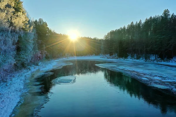 River Winter View Drone Outdoor Frost Forest Landscape — Stock Photo, Image