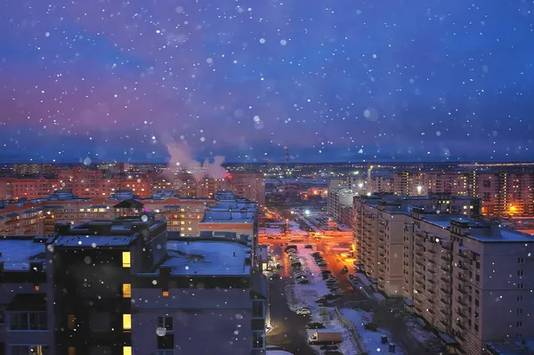Natt Stad Ovanifrån Vinter Arkitektur Topp Tak Fasad Ljus — Stockfoto