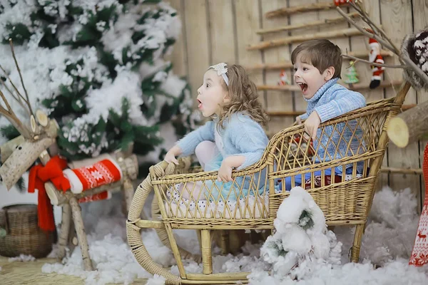 Irmãozinho Irmã Interior Ano Novo Estúdio Decorado Natal Feriados — Fotografia de Stock