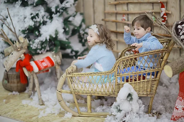 Irmãozinho Irmã Interior Ano Novo Estúdio Decorado Natal Feriados — Fotografia de Stock