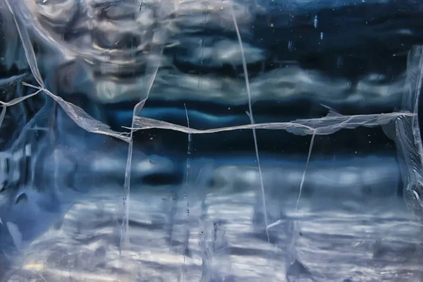 Textura Gelo Rachaduras Baikal Fundo Abstrato Inverno Gelo Transparente Azul — Fotografia de Stock