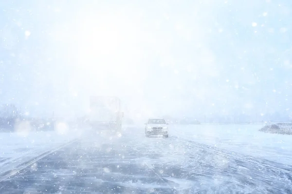 Invierno Carretera Nieve Fondo Niebla Mala Visibilidad — Foto de Stock