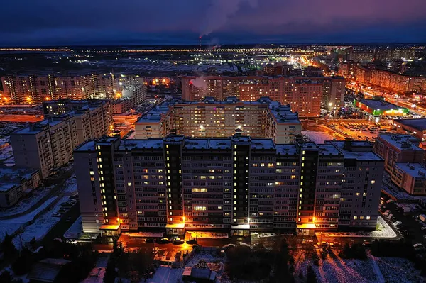 Noite Cidade Vista Superior Inverno Arquitetura Topo Telhado Fachada Luzes — Fotografia de Stock