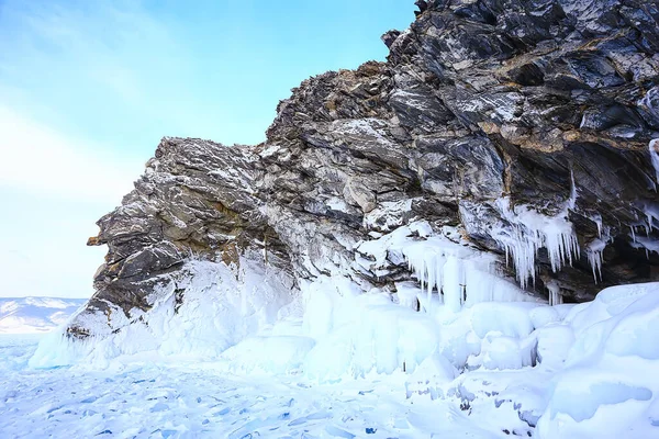 Vinter Landskap Natur Sjö Baikal Shamanka Rock Olkhon — Stockfoto