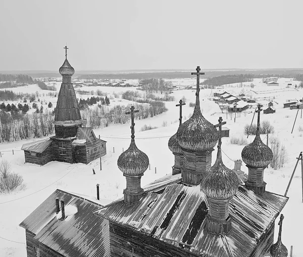 Träkyrka Vinter Ovanifrån Landskap Rysk Norra Arkitektur — Stockfoto