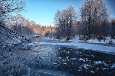 Kış ormanlarında güneşli manzara, güneş manzarası.