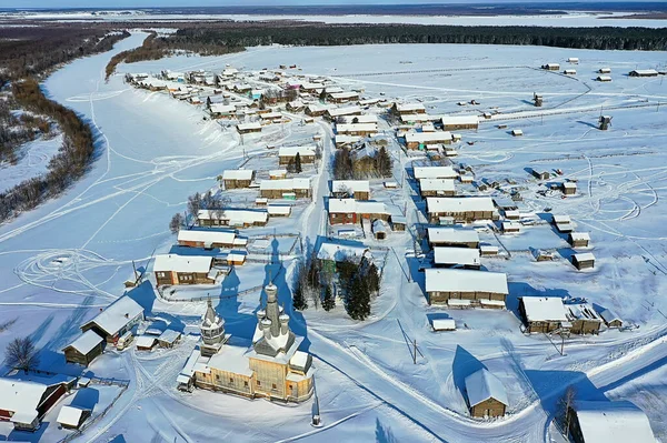 Kimzha Pueblo Vista Superior Paisaje Invierno Ruso Norte Arkhangelsk Distrito —  Fotos de Stock