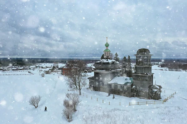 Holzkirche Winter Draufsicht Landschaft Russischer Norden Architektur — Stockfoto