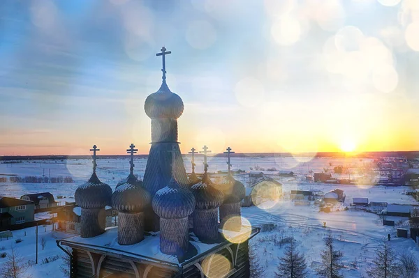 Ahşap Kilise Kış Manzarası Manzara Rus Kuzey Mimarisi — Stok fotoğraf