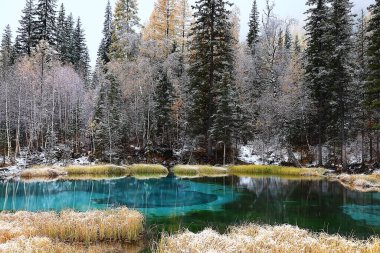 Gayzer mavisi Altai gölü kış manzarası, dağ gölü termal bahar