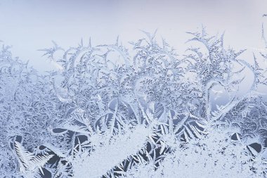 Pencere camındaki buz desenleri, soyut arka plan kış rime karı