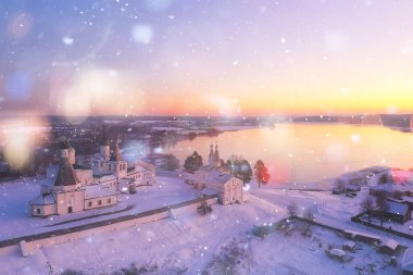 ferapontovo kış manastırı manzarası, üst görünüm noel dini mimari arka plan