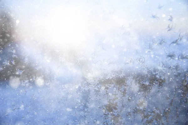 Gelo Modelli Vetro Della Finestra Astratto Sfondo Inverno Rime Neve — Foto Stock