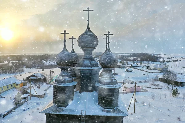 Wooden Church Winter Top View Landscape Russian North Architecture — Stock Photo, Image