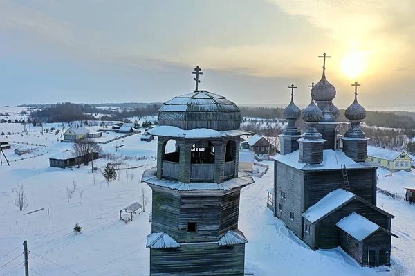 Chiesa Legno Inverno Vista Dall Alto Paesaggio Russo Architettura Del — Foto Stock