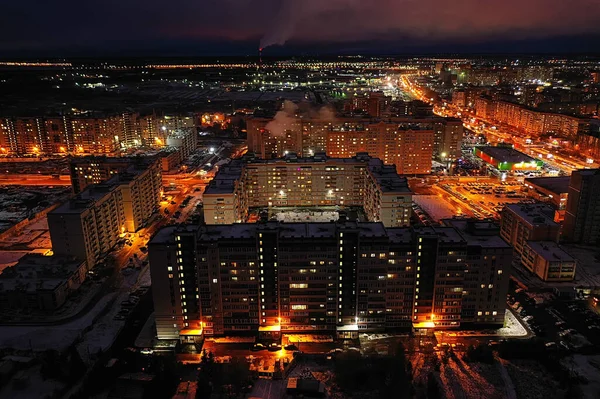 Night City Top View Winter Architecture Top Roof Facade Lights — Stock Photo, Image