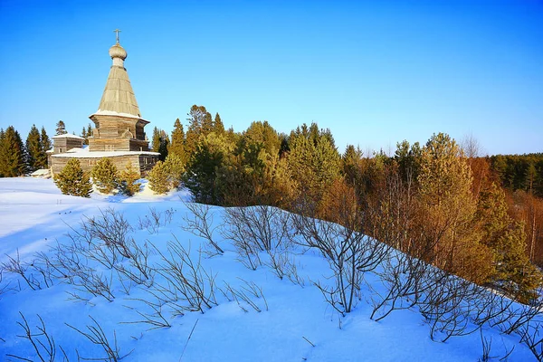 Igreja Madeira Paisagem Norte Russa Inverno Arquitetura Religião Histórica Cristianismo — Fotografia de Stock