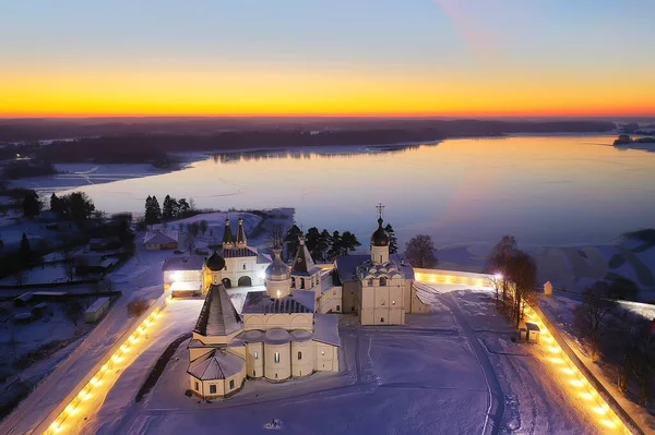 Ferapontovo Peisaj Mănăstire Iarnă Vedere Top Crăciun Religie Arhitectură Fundal — Fotografie, imagine de stoc
