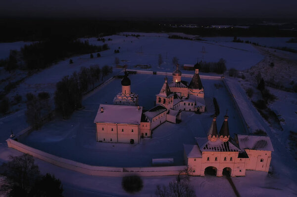 Ферапонтово зимний монастырь пейзаж, вид сверху рождественский религиозный фон