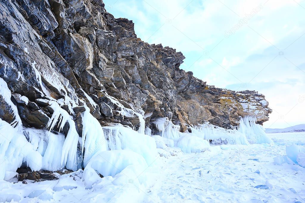 winter landscape nature lake baikal shamanka rock olkhon island