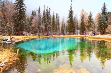 Gayzer mavisi Altai gölü kış manzarası, dağ gölü termal bahar