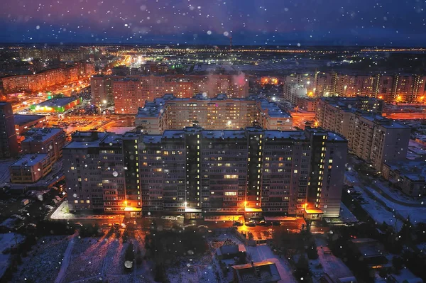 Natt Stad Ovanifrån Vinter Arkitektur Topp Tak Fasad Ljus — Stockfoto