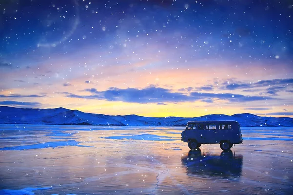 Terénní Vozidlo Ledě Jezera Bajkal Olkhon Cestování Extrémní Silniční Auto — Stock fotografie