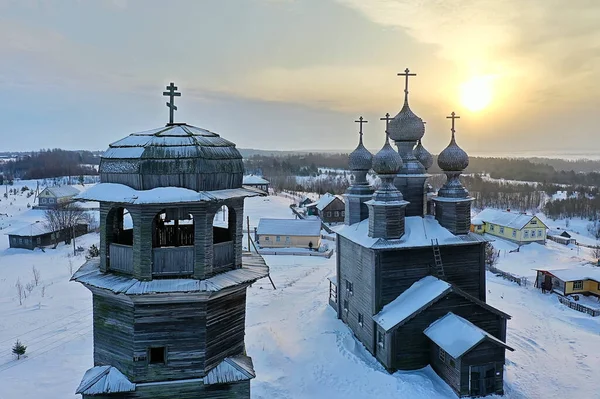 Ahşap Kilise Kış Manzarası Manzara Rus Kuzey Mimarisi — Stok fotoğraf