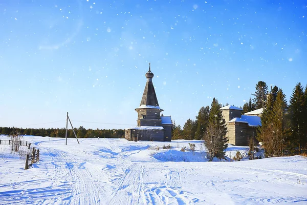 Houten Kerk Het Russische Noordelijke Landschap Winter Architectuur Historische Religie — Stockfoto