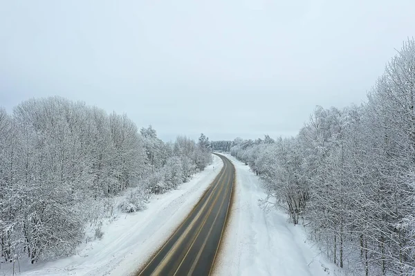 Зимняя Дорога Вид Сверху Ледяной Лес Открытым Небом — стоковое фото