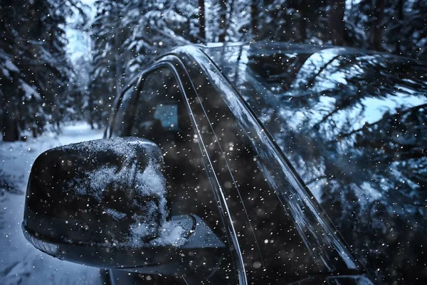 汽车冬季森林旅行 背景12月自然 — 图库照片