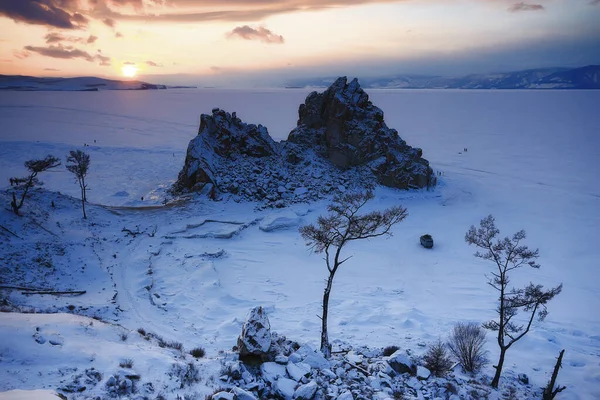 Χειμερινό Τοπίο Φύση Λίμνη Baikal Shamanka Βράχο Olkhon Νησί — Φωτογραφία Αρχείου