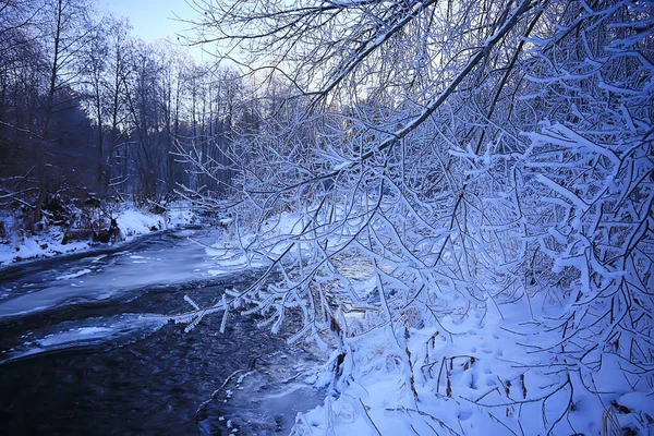 Landscape River Winter Seasonal View Water Snow Forest — Stock Photo, Image